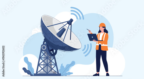 Female engineer in a hard hat and safety vest using a laptop to operate a large telecommunications satellite dish.