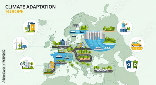 Infographic illustration of Europe showing various climate adaptation solutions across the continent with a green and blue color scheme