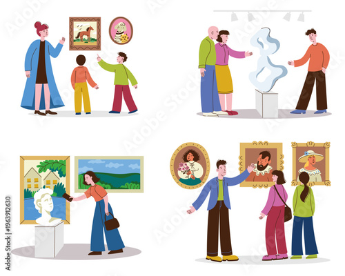 People at exhibition. Visitors and artists at gallery with art showcase, creative painting installation, museum or art gallery interior. Vector illustration