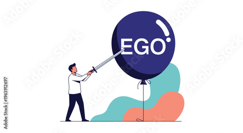 Courageous man using a sharp sword to pop a massive dark balloon labeled ego to represent humility or self-awareness.