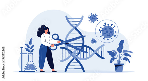 Female scientist using large blue scissors to edit a DNA strand with various virus molecules floating in the background.