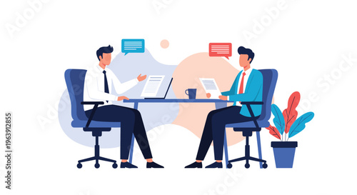 Two professional men sitting at a modern desk having an interview or business meeting with documents and a laptop.