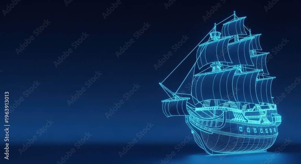 Obraz premium Wireframe Tall Ship Illustration on Dark Blue Gradient Background