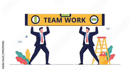 Two professional men in suits working together to hold up a large yellow spirit level tool with the text team work.