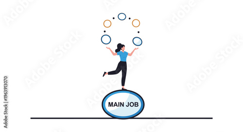 Highly talented woman balancing on a large ball labeled main job while juggling multiple smaller colorful spheres.