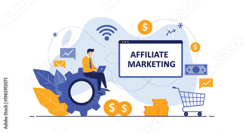 Businessman sitting on a large blue gear while working on a laptop next to the text affiliate marketing and coins.