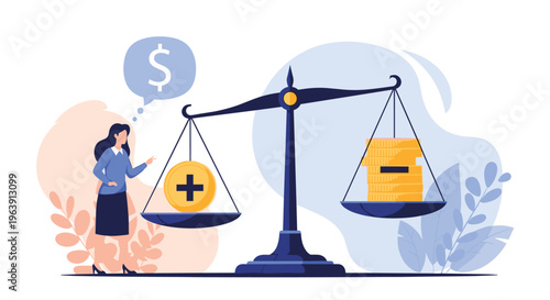 Professional businesswoman evaluating a scale balancing a single large plus coin against a stack of smaller minus coins.