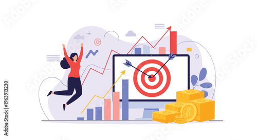 Happy businesswoman jumping for joy after reaching a financial target with bar charts, gold coins, and computer screen visualization.