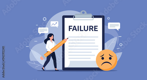 Young woman with a giant pencil standing next to a failure report on a clipboard and a sad face emoticon, symbolizing business mistakes.