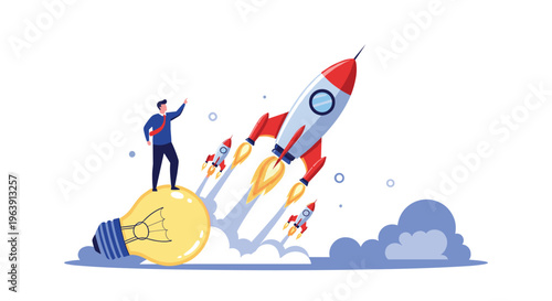 Visionary businessman standing on a lightbulb and pointing towards launching space rockets, representing innovative ideas and startup growth.