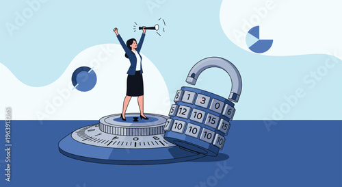Business woman celebrating success on a combination safe lock next to an unlocked padlock, representing security solutions and achievement.