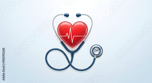 3D vector illustration of a red heart with a stethoscope and a love symbol as a health concept icon for World Health Day celebrations and medical-themed love designs.