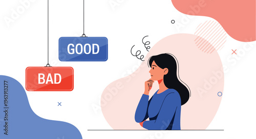 Confused woman standing between signs for good and bad choices, representing moral dilemmas, decision making, and ethical considerations.