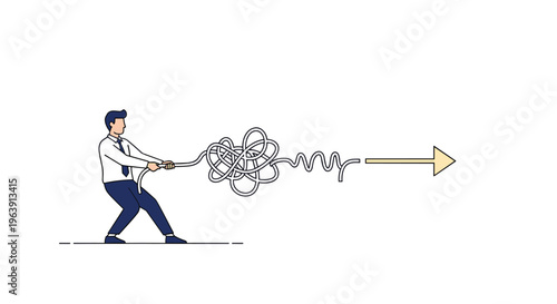 Businessman pulling a tangled rope to straighten it into an arrow, representing problem solving, simplification, and strategic planning.