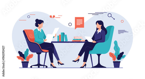 Two professional women sitting at a desk for a job interview or business meeting with documents, representing recruitment and collaboration.