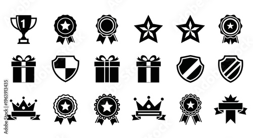 Collection of 16 black and white icons representing awards gifts and symbols of excellence