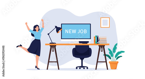 Excited woman celebrating a new job offer in a modern office setting with a computer and desk lamp, representing career success and joy.