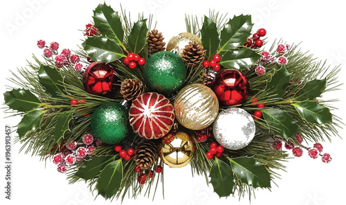 Festive Christmas arrangement with pine needles holly berries pine cones and ornaments holiday decoration