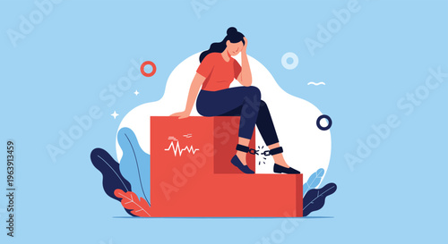 Sad woman sitting on blocks with chains on her ankles, representing feeling trapped, limitations, or emotional burden in a creative style.