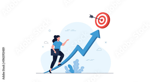 Woman carrying a laptop while climbing a blue growth arrow towards a bullseye target, representing motivation and career achievement.