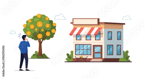 Young man looking at a tree growing gold coins next to a shop building, representing investment growth, retail business, and prosperity.