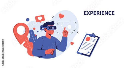 Young man wearing a virtual reality headset and interacting with floating icons, representing immersive technology and digital experience.