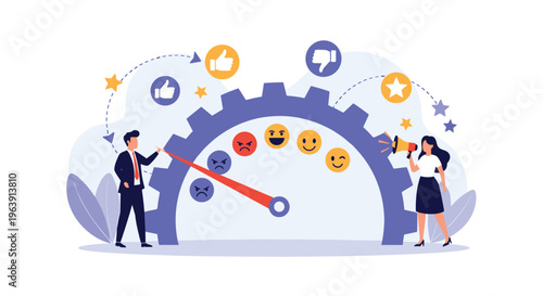 Business professionals measuring customer satisfaction on a gauge with various emojis, representing feedback analysis and service quality.
