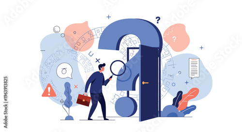 Businessman using a magnifying glass to look through a door shaped like a question mark, representing curiosity and discovering answers.