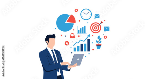 Professional businessman using a laptop with floating icons of charts, clocks, and targets, representing multitasking and productivity.