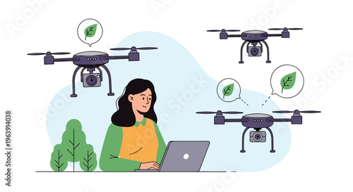 Professional woman monitoring agricultural drones through her laptop represents the integration of advanced technology in modern farming.