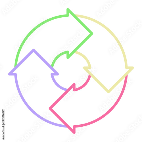 Colorful circular arrow icons in four colors: Recycling and cycle process symbols. Vector Illustration. 