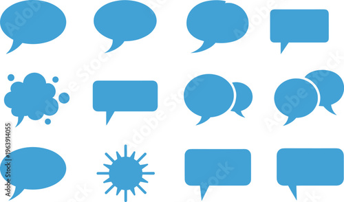 Stylized decorative speech and thought bubble icon illustration featuring rounded rectangles, clouds, bursts, dialogue boxes, creative communication artwork design collection.