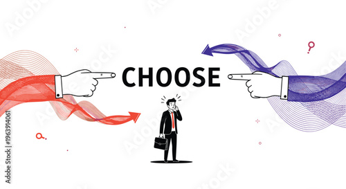 Confused businessman standing between two large hands pointing in opposite directions represents the difficulty of making big decisions.