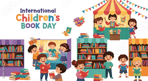 Colorful illustration of children reading books and playing on shelves for International Children's Book Day with a joyful and educational mood.