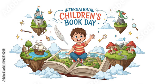 A cheerful young boy stepping out of an open book surrounded by whimsical illustrations and fantastical elements celebrating International Children's Book Day with vibrant colors.