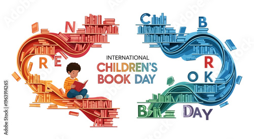 A young child sits on a colorful book wave, reading, surrounded by swirling letters and books in a vibrant design for International Children's Book Day.