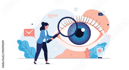 Professional woman using a giant magnifying glass to inspect a large human eye represents focus, vision, and attention to detail.
