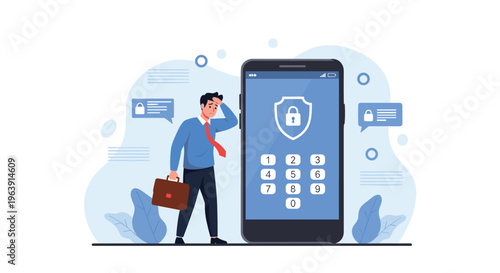 Stressed businessman standing next to a large smartphone showing a locked passcode screen symbolizes security challenges and lost access.
