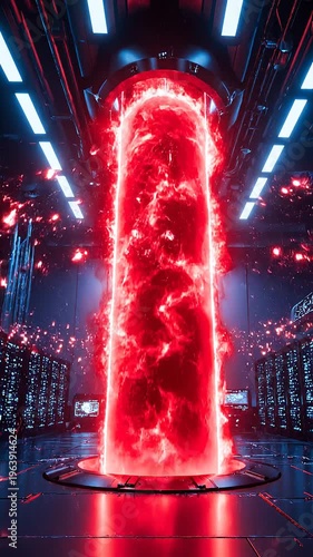 Glowing red human head in laboratory.