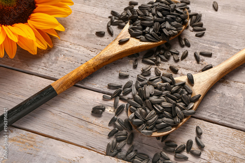 Spoons with sunflower seeds on grey wooden background