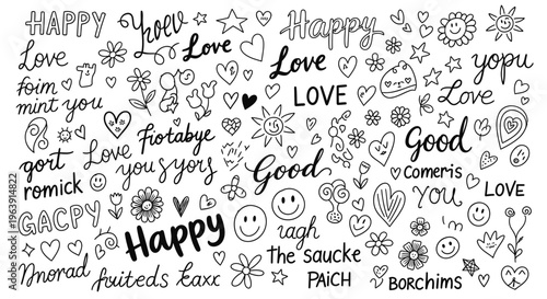 A heartwarming digital illustration of love happiness and positivity with handwritten words and whimsical doodles
