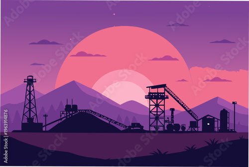 Crisp Mining Site Landscape Bold Purple Sunset Gradien High-Quality Stock Image