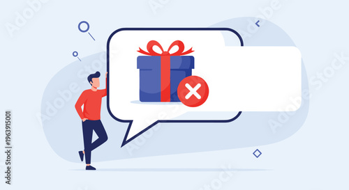 Young man leaning against a large speech bubble with a rejected gift box icon representing customer dissatisfaction or failed delivery service.