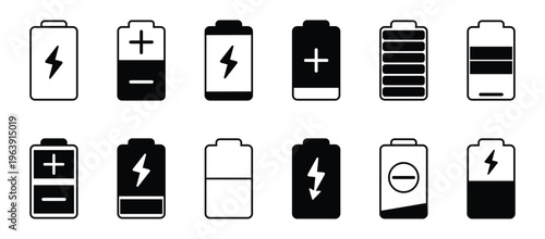  Battery icon vector art and graphics. Discharged and fully charged battery. level battery energy. Vector illustration.