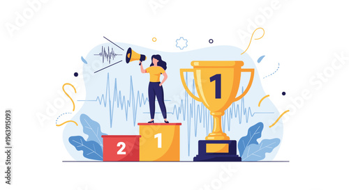 Successful woman standing on a winner's podium holding a megaphone next to a large gold trophy to announce her professional achievements.