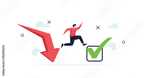 Energetic man jumping from a red downward trend arrow to a green success checkmark box representing a positive business turnaround strategy.