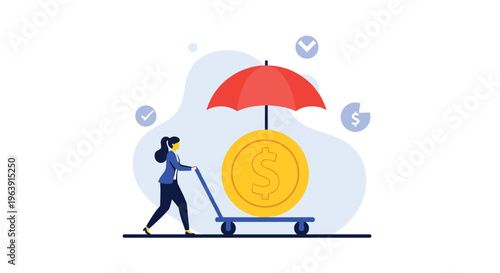 Woman in business suit pushing a heavy cart carrying a giant gold dollar coin protected by a red umbrella to symbolize wealth management.