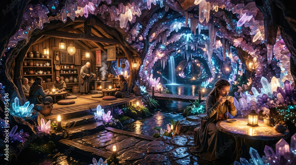 Fototapeta premium A fantasy-themed indoor space with glowing crystal formations and ambient lighting.