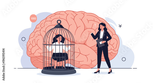 Professional woman observing another woman trapped inside a birdcage in front of a giant brain to illustrate mental health and limitations.