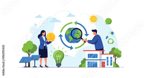 Couple working together on green energy initiatives featuring solar panels a globe under a magnifying glass and clean housing concepts.